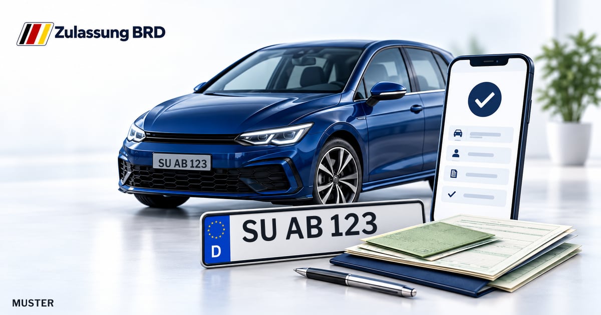 Online Fahrzeugzulassung in Eitorf: Musterkennzeichen SU AB 123, Auto und Fahrzeugpapiere und Smartphone. Illustration mit Logo von Zulassung BRD.